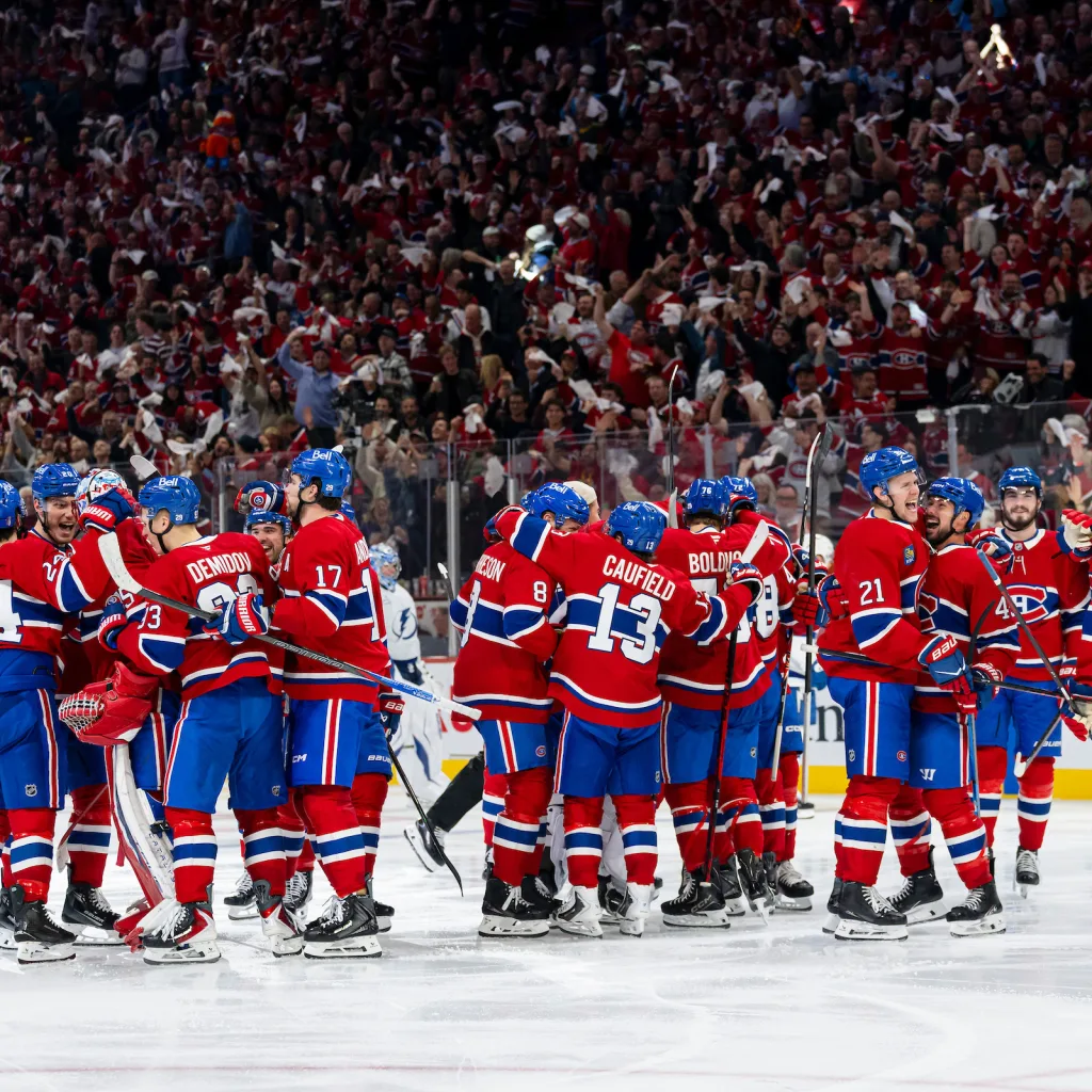 MONTREAL, CANADA- APRIL 24: Lane Hutson #48 of the Montreal Canadiens celebrates after scoring a goal during the first overtime period of Game Three of the First Round of the 2026 Stanley Cup Playoffs between the Montreal Canadiens and the Tampa Bay Lightning at the Bell Centre on April 24, 2026 in Montreal, Quebec, Canada. (Photo by James Hajjar/NHLI via Getty Images)