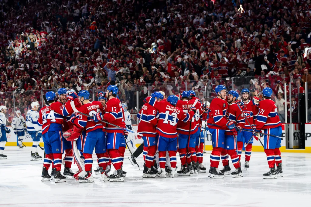 MONTREAL, CANADA- APRIL 24: Lane Hutson #48 of the Montreal Canadiens celebrates after scoring a goal during the first overtime period of Game Three of the First Round of the 2026 Stanley Cup Playoffs between the Montreal Canadiens and the Tampa Bay Lightning at the Bell Centre on April 24, 2026 in Montreal, Quebec, Canada. (Photo by James Hajjar/NHLI via Getty Images)