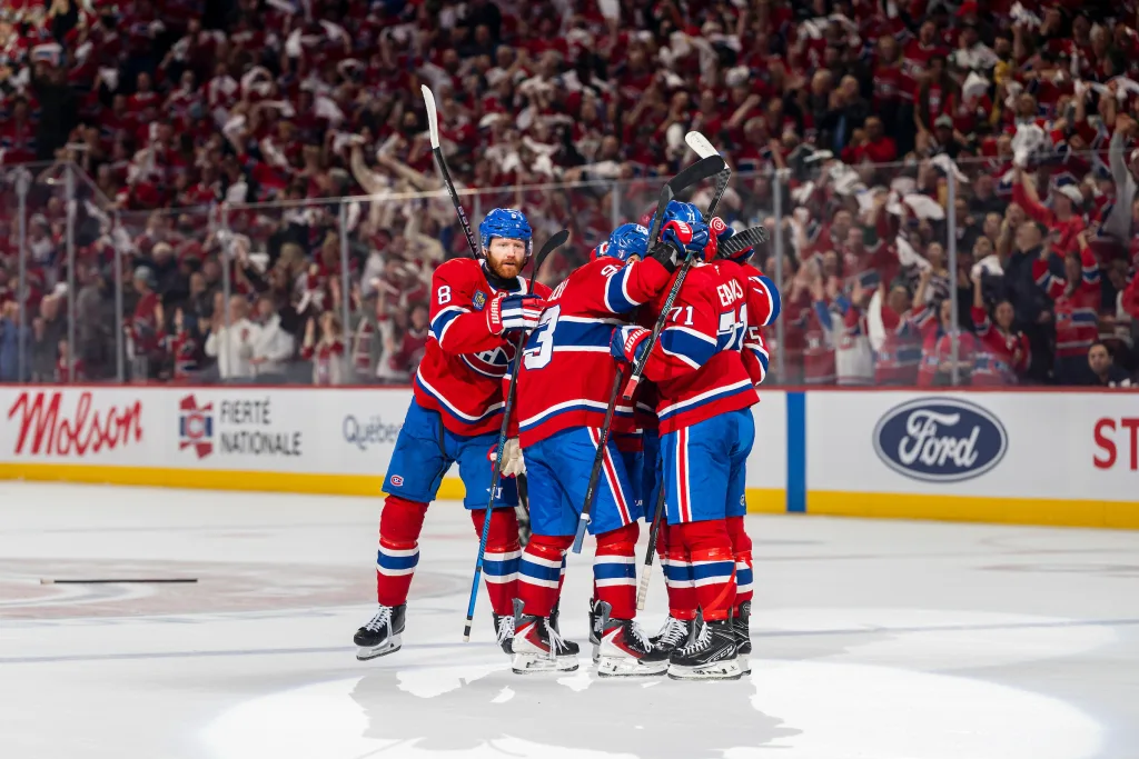 MONTREAL, CANADA- MAY 25: Mike Matheson #8 of the Montreal Canadiens celebrates after scoring a goal during the first period of Game Three of the Eastern Conference Final of the 2026 Stanley Cup Playoffs between the Montreal Canadiens and the Carolina Hurricanes at the Bell Centre on May 25, 2026 in Montreal, Quebec, Canada. (Photo by Arianne Bergeron/NHLI via Getty Images)
